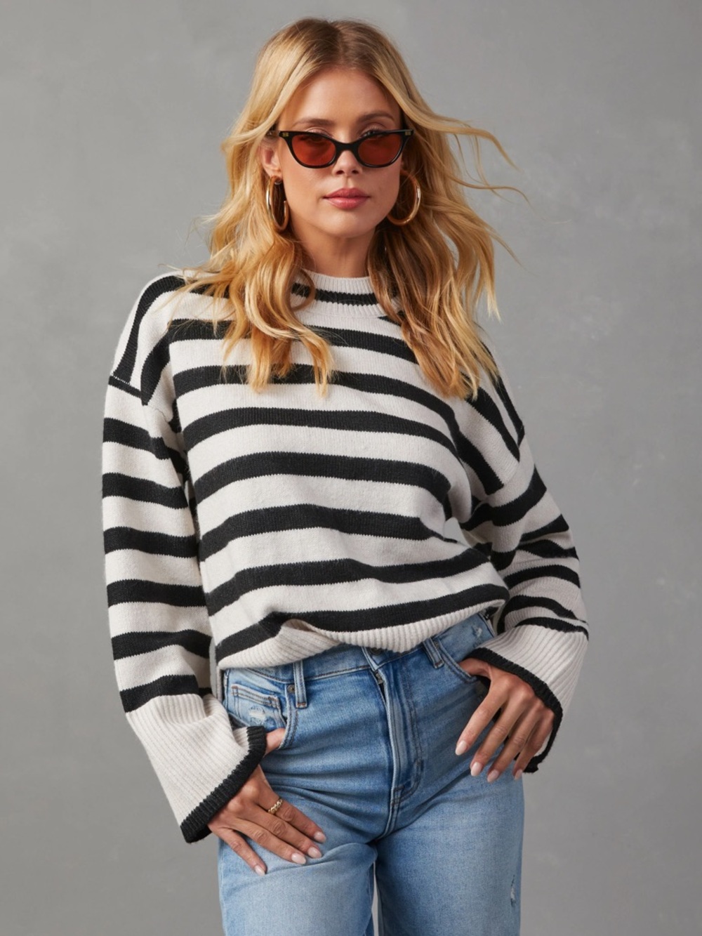 Miracle | Striped Black and White Women's Sweater Size S